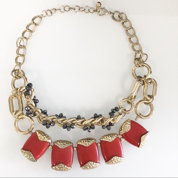 Red and Gold Tone Large Stone Statement Necklace - Picture 1 of 3